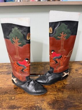 Vintage Beverly Feldman Equestrian Hunting Scene Leather Boots